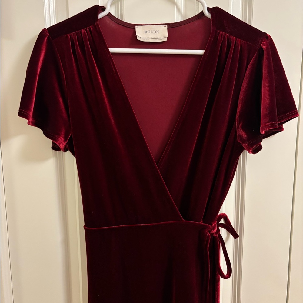 BHLDN Velvet High Low Dress in Deep Red - Picture 2 of 5